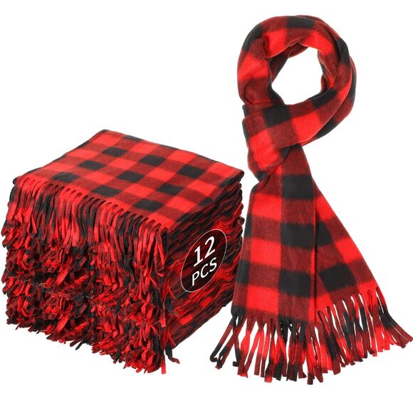 12 Pcs Christmas Buffalo Plaid Scarves Bulk Fringe Red And Black Big Grid 2565